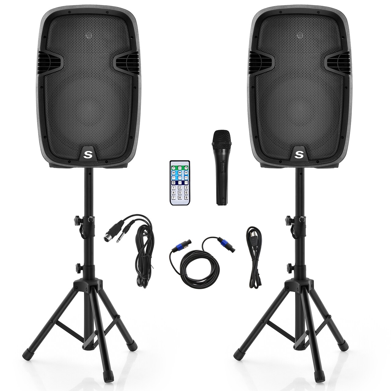 Black Iron Plastic 2-Way Active Speaker System w/ Tripod and Mic